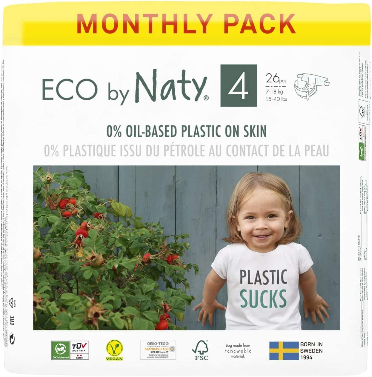 Eco by Naty Baby Diapers - Plant-Based Eco-Friendly Diapers, Great for Baby Sensitive Skin and Helps Prevent Leaking (Size 4, 156 Count)